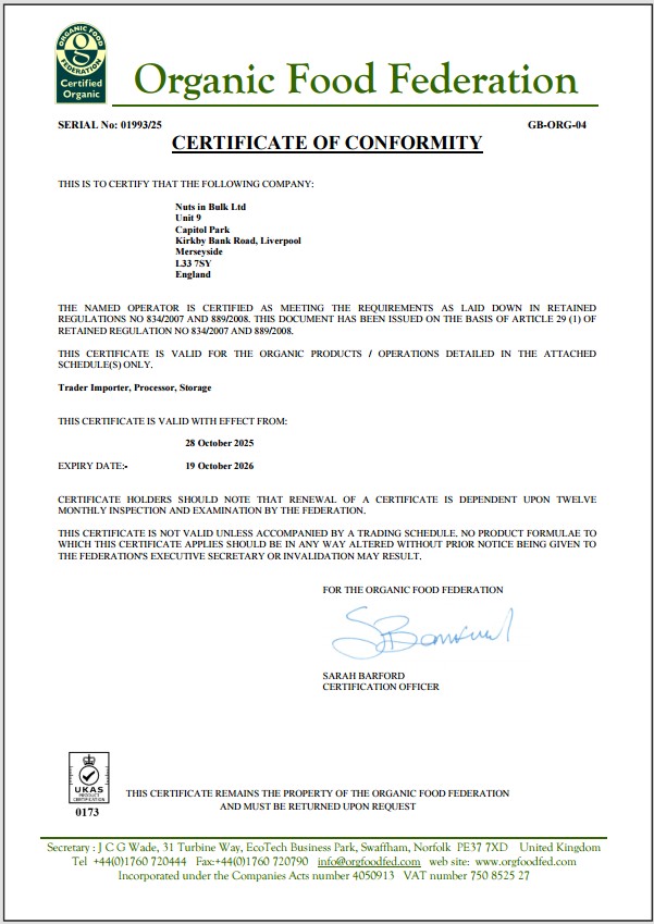 Nuts in Bulk Organic Certificate